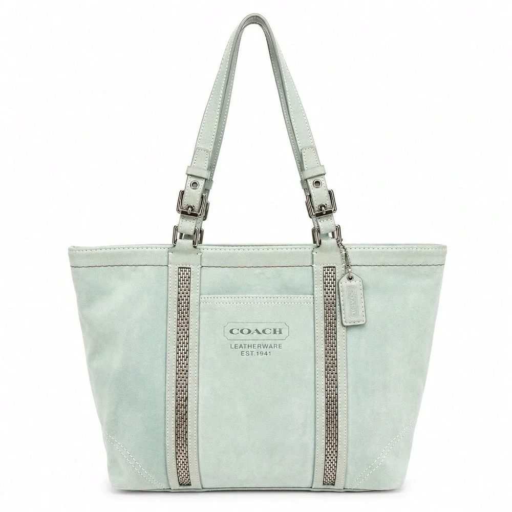 Coach 2005 Leatherware Metallic Bead‎ Suede Gallery Tote Blue Silver J05J